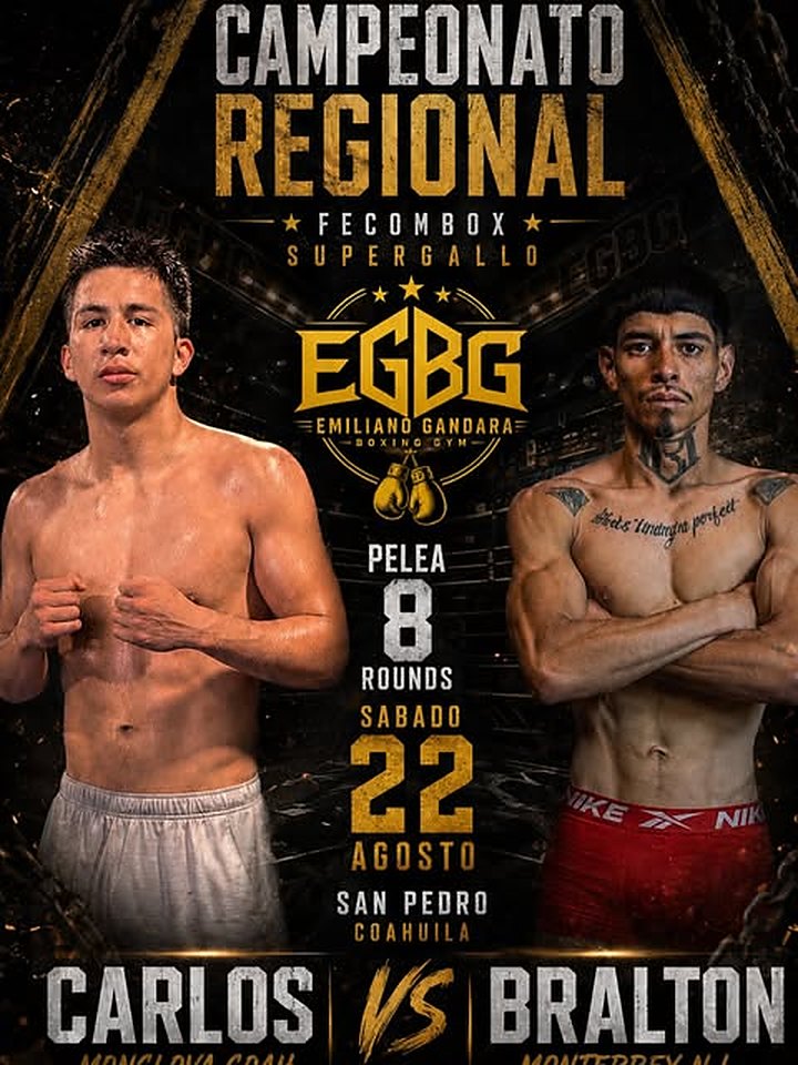 EGBG regional championship fight poster, Carlos vs Bralton, super bantamweight, 8 rounds